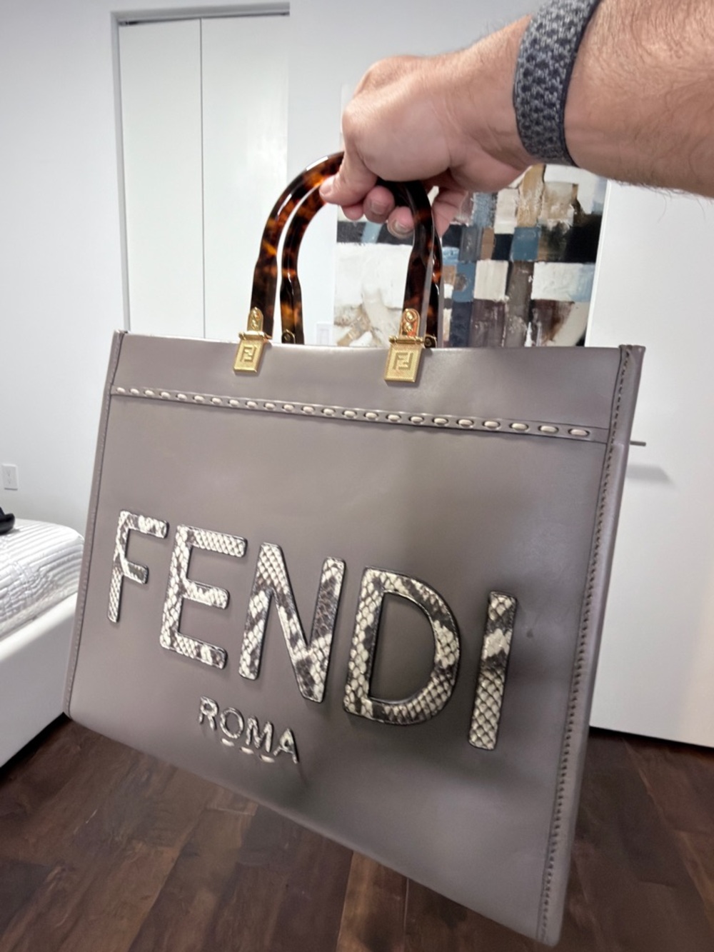 Fendi Taupe Leather Tote with Python-Effect FENDI Letters